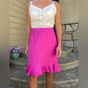 London Times bright pink linen ruffle hem skirt